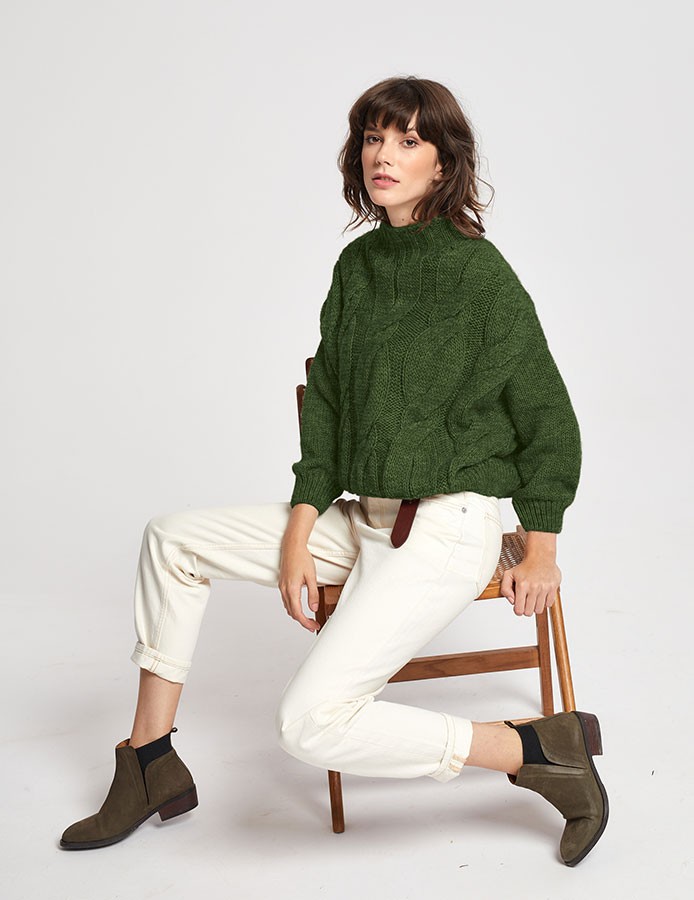 Sweter damski zielony z alpaki warkocz